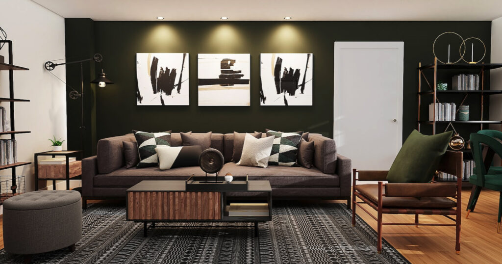 living room with industrial style accessories and abstract wall art