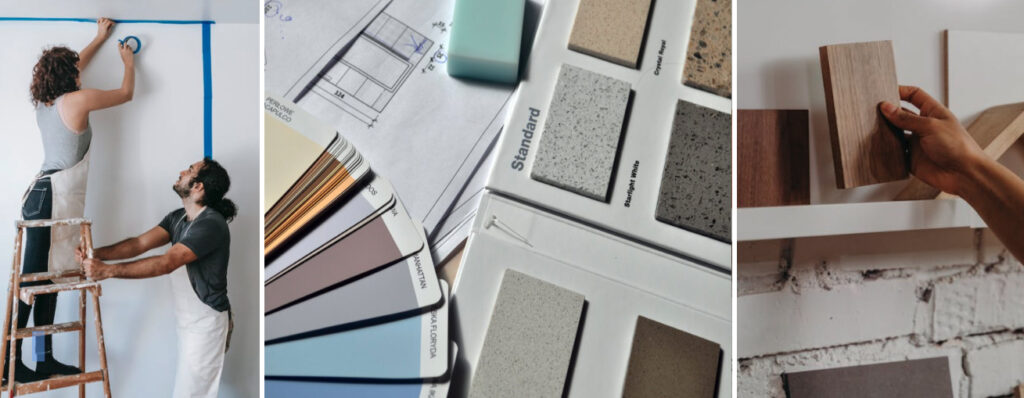 putting up painters tape and viewing samples of paint colors countertops and wood