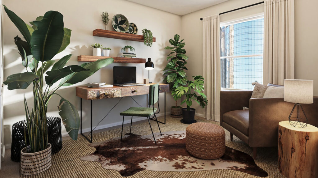 room with cow print rug and tropical plants