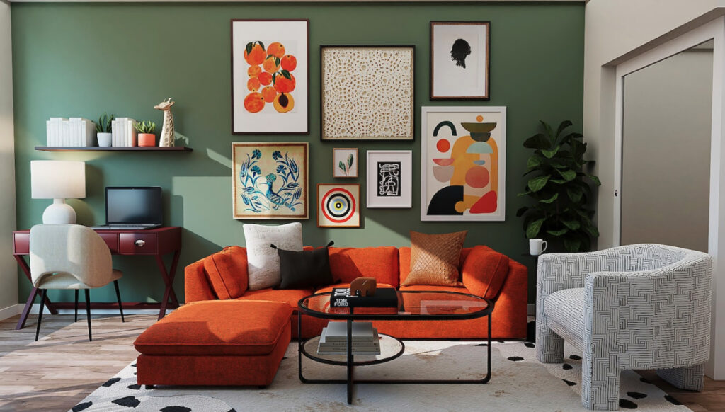 room with orange couch and multiple wall prints